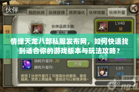 情缘天龙八部私服发布网，如何快速找到适合你的游戏版本与玩法攻略？